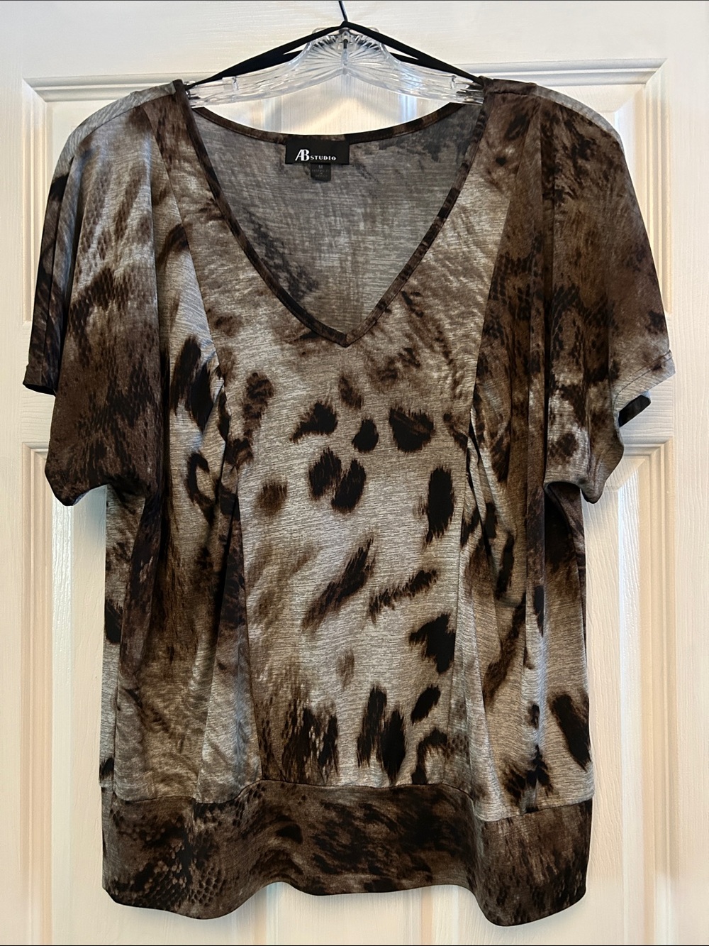 AB Studio Brown and Black Animal-Print V-Neck Short Sleeve Top